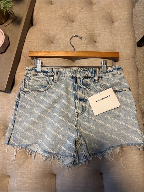 Alexander Wang Pants - Alexander Wang Light Blue All-Over Logo Denim Cutoff Shorts